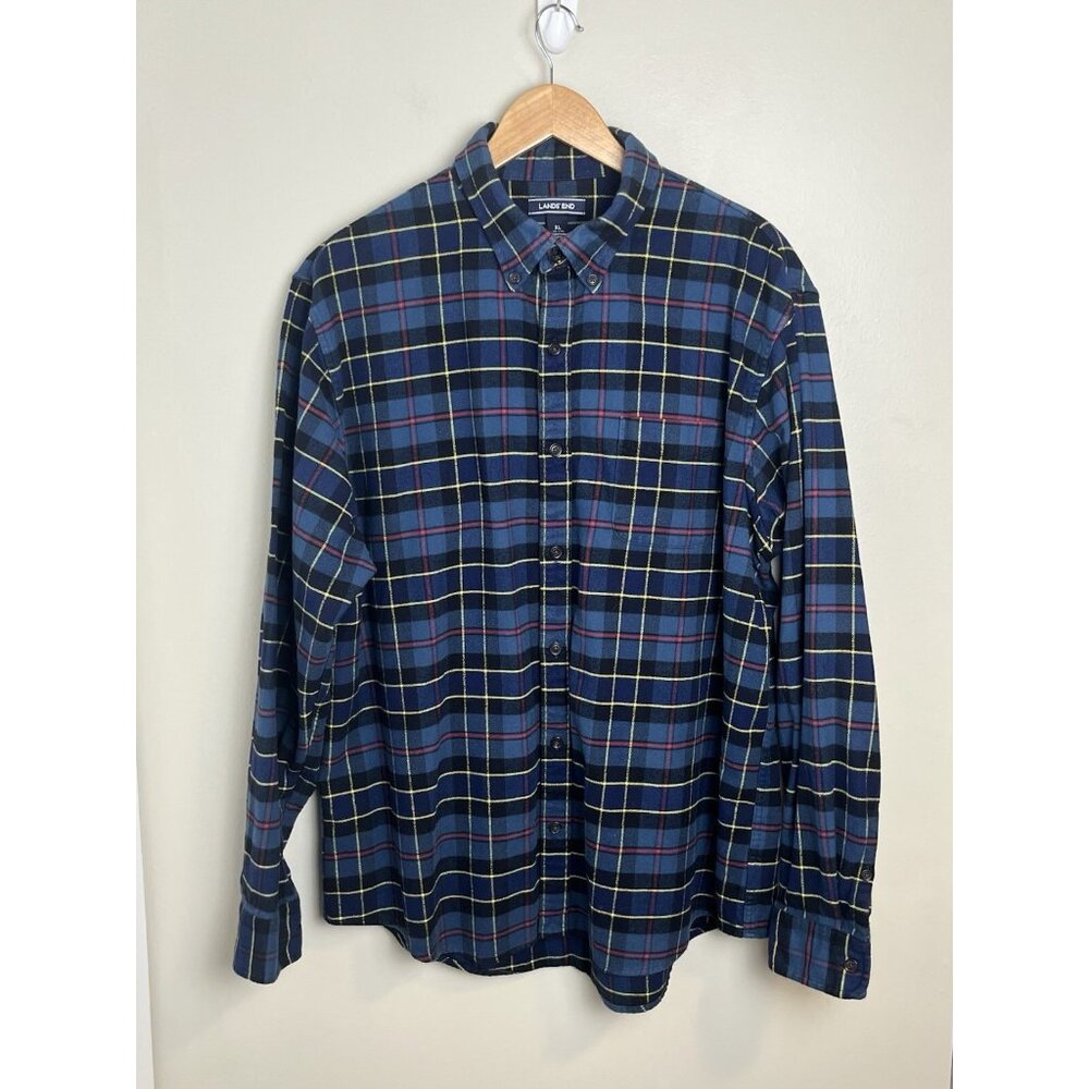 Lands End Shirt Mens XL Thick Flannel Button‎ Down Blue Plaid Long Sleeve
